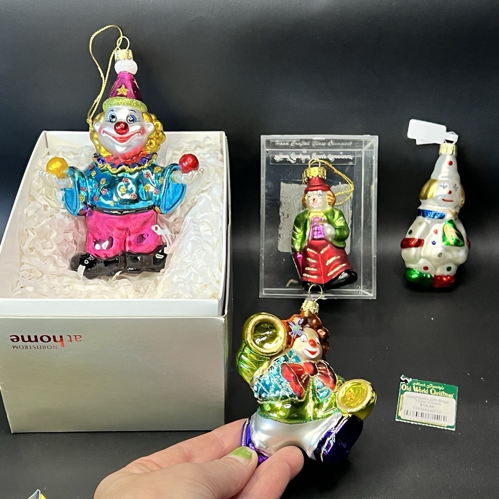 Set of 4 Hand Blown Glass Clown Christmas Ornaments Variety Brands 3" to 6"